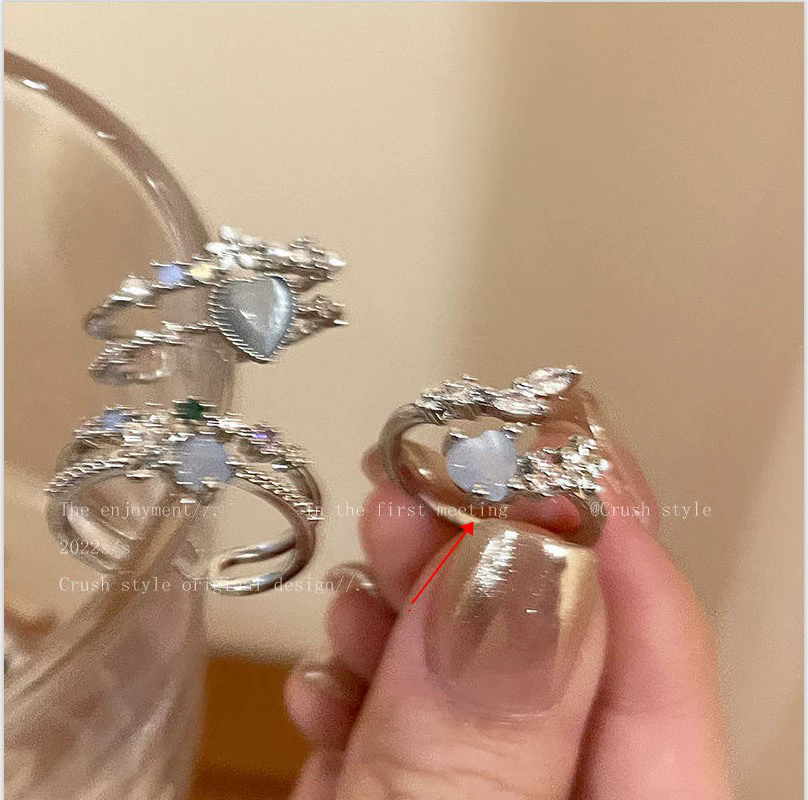 1PC Sea Blue Love Moonlight Zircon Open Ring Female Finger Ring Temperament Adjustable Ring