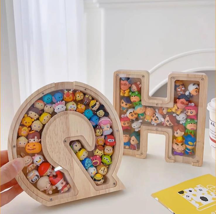 1PC Wooden 26 letter English letter piggy bank, children's toy storage box, transparent acrylic piggy bank