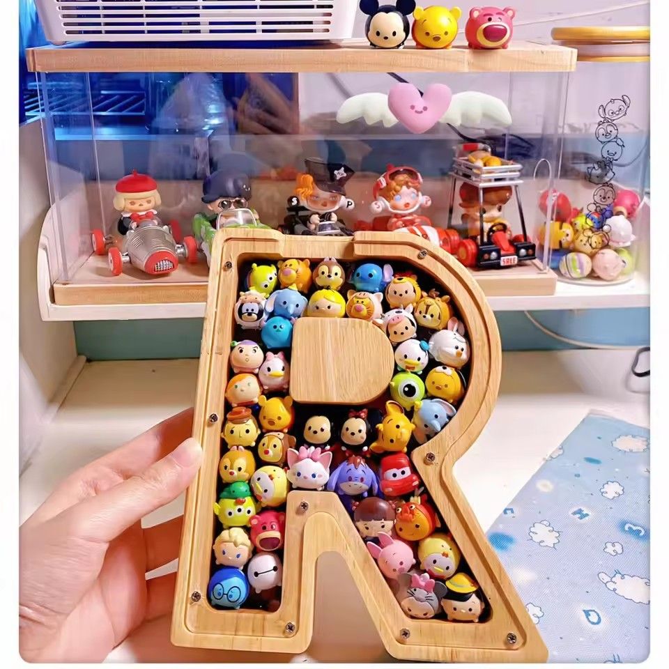1PC Wooden 26 letter English letter piggy bank, children's toy storage box, transparent acrylic piggy bank