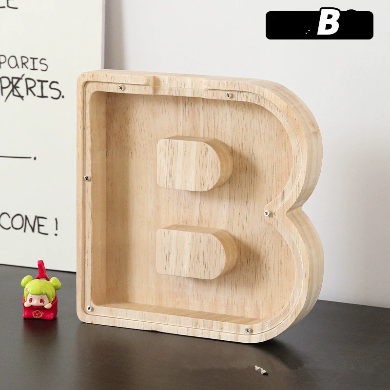1PC Wooden 26 letter English letter piggy bank, children's toy storage box, transparent acrylic piggy bank