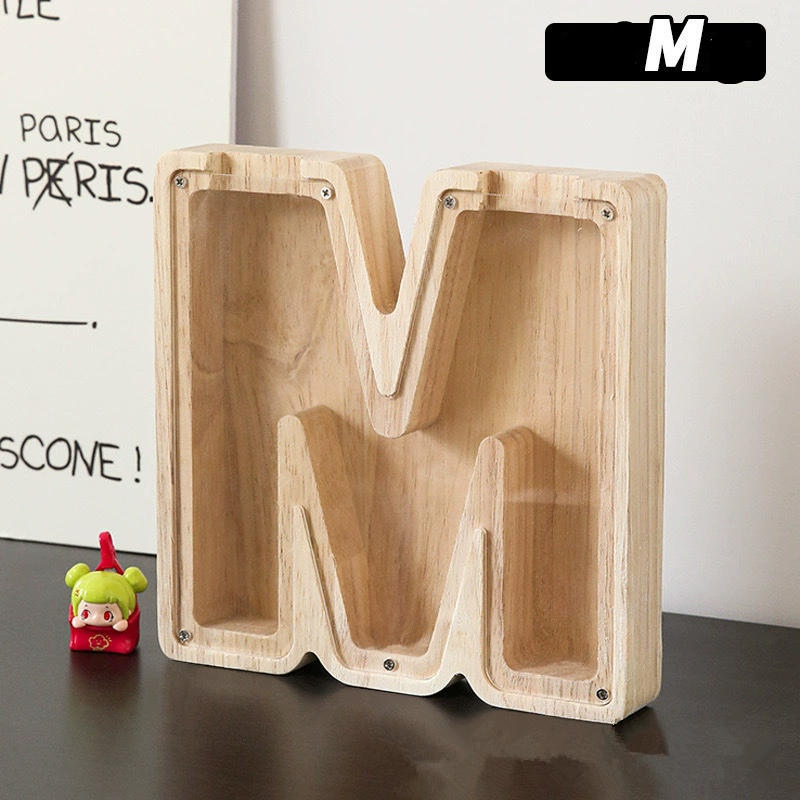 1PC Wooden 26 letter English letter piggy bank, children's toy storage box, transparent acrylic piggy bank