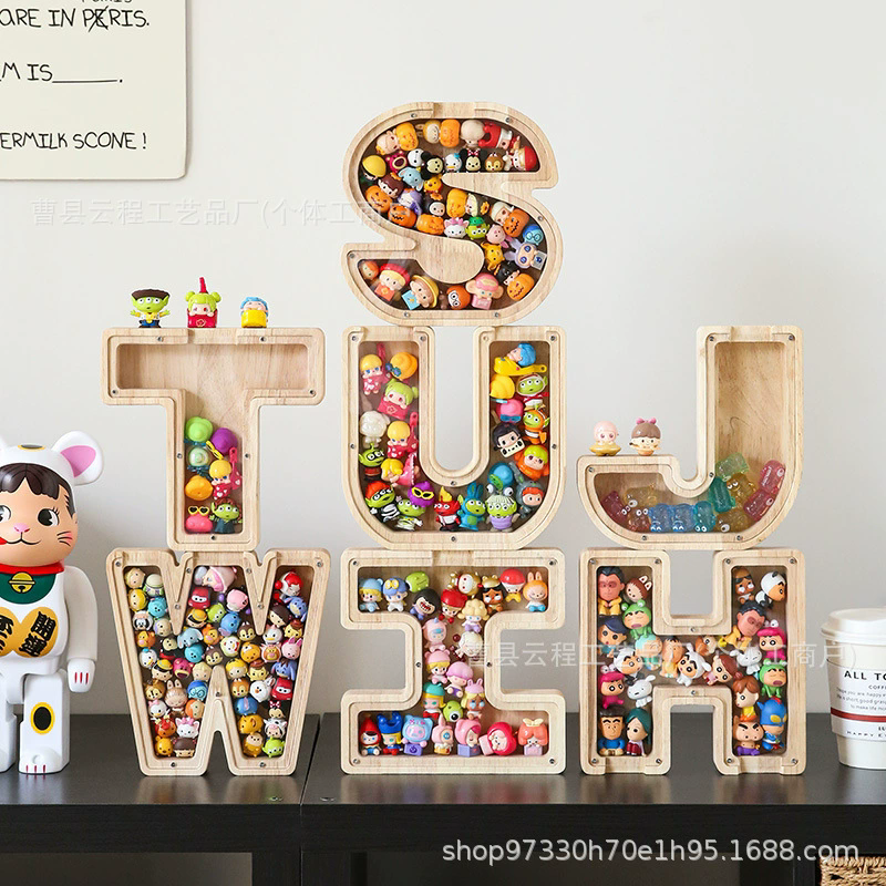 1PC Wooden 26 letter English letter piggy bank, children's toy storage box, transparent acrylic piggy bank