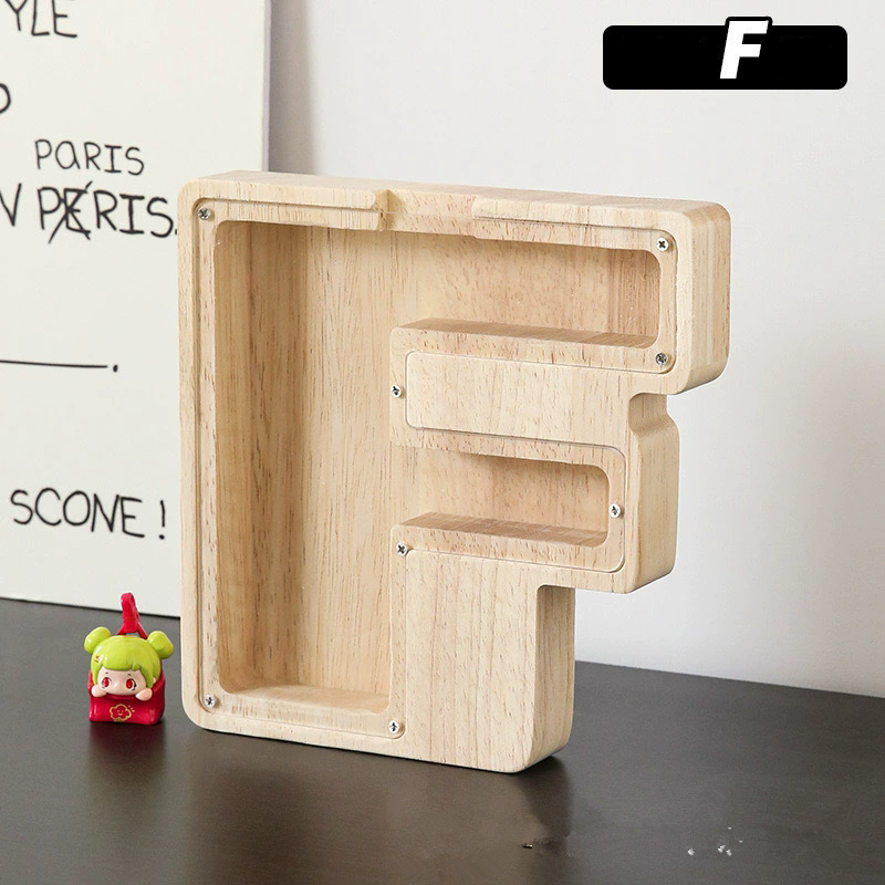 1PC Wooden 26 letter English letter piggy bank, children's toy storage box, transparent acrylic piggy bank