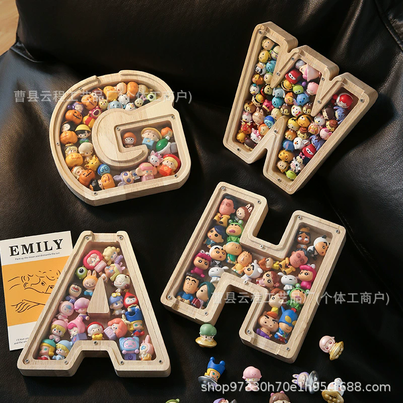 1PC Wooden 26 letter English letter piggy bank, children's toy storage box, transparent acrylic piggy bank
