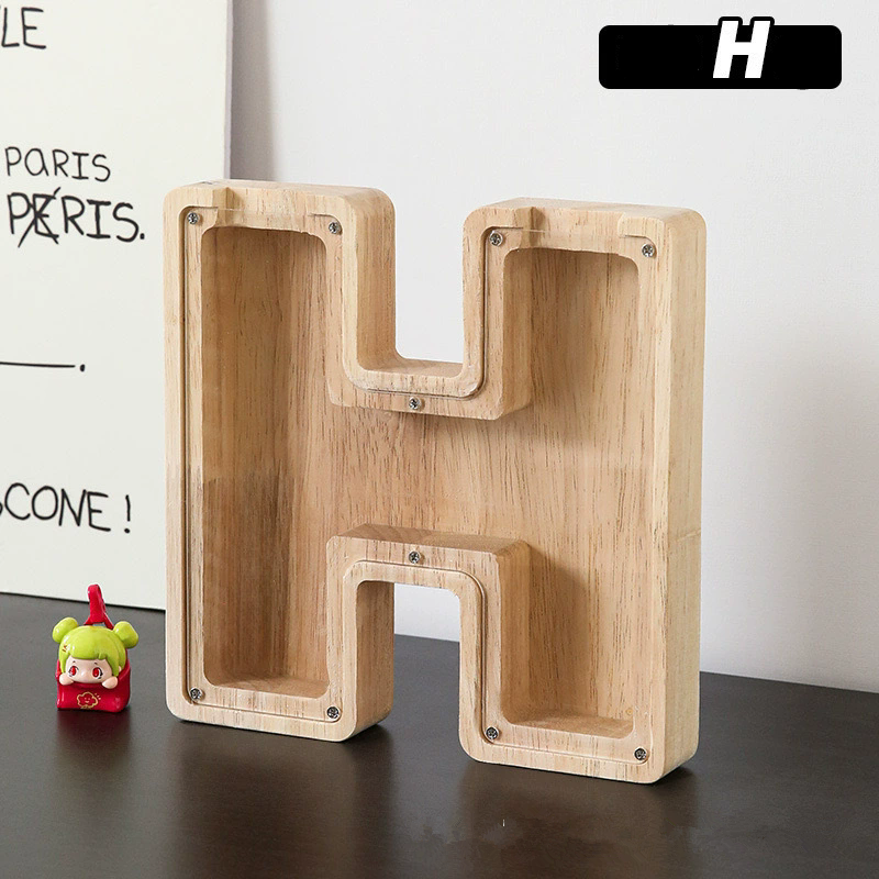 1PC Wooden 26 letter English letter piggy bank, children's toy storage box, transparent acrylic piggy bank