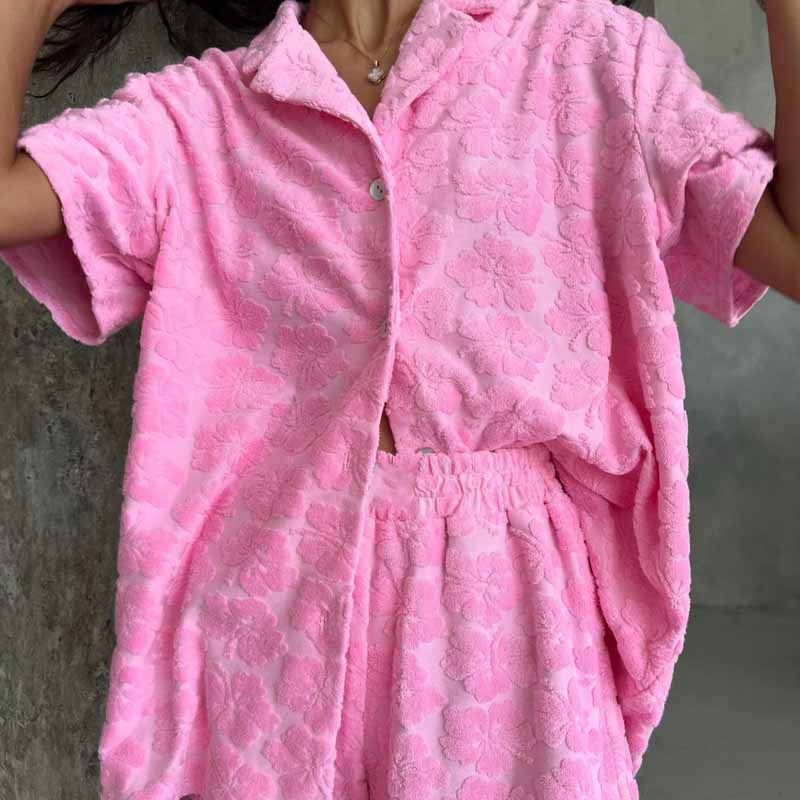 1PC Fashion Jacquard Top Shorts Set Women Solid Turn-down Collar Tops Elastic High Waist Short Pants  New Lady Chic Casualwear