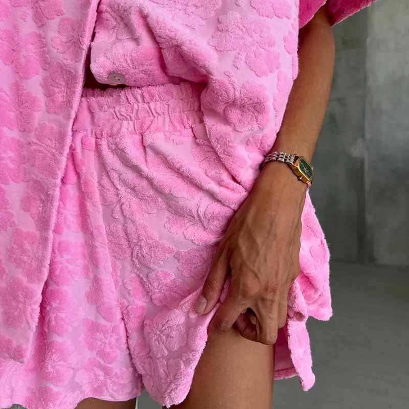 1PC Fashion Jacquard Top Shorts Set Women Solid Turn-down Collar Tops Elastic High Waist Short Pants  New Lady Chic Casualwear