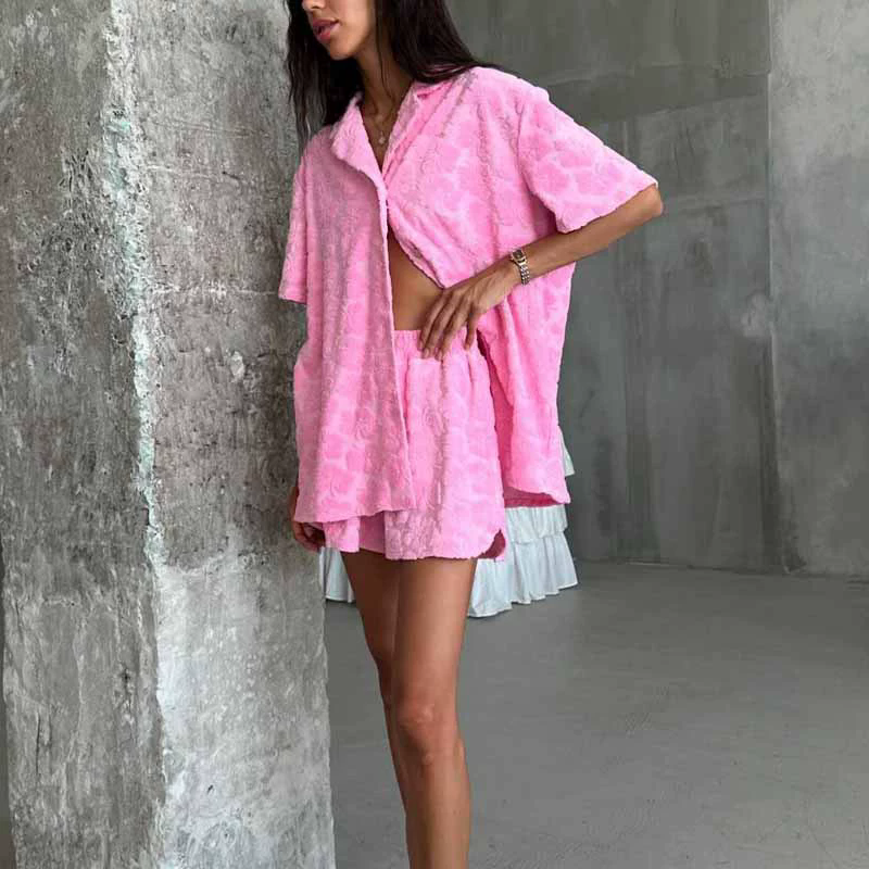 1PC Fashion Jacquard Top Shorts Set Women Solid Turn-down Collar Tops Elastic High Waist Short Pants  New Lady Chic Casualwear