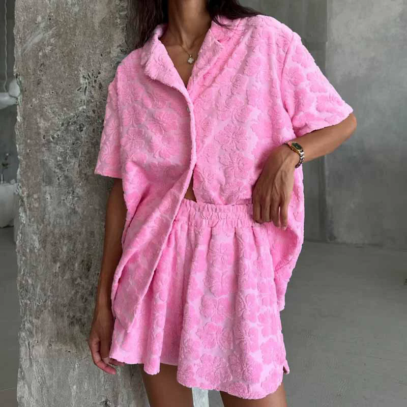 1PC Fashion Jacquard Top Shorts Set Women Solid Turn-down Collar Tops Elastic High Waist Short Pants  New Lady Chic Casualwear