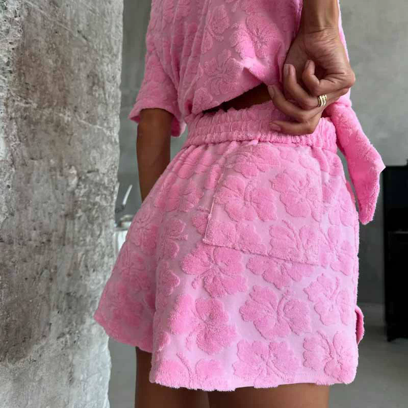 1PC Fashion Jacquard Top Shorts Set Women Solid Turn-down Collar Tops Elastic High Waist Short Pants  New Lady Chic Casualwear