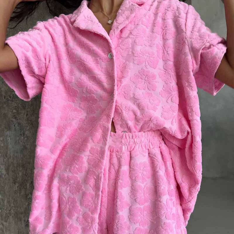 1PC Fashion Jacquard Top Shorts Set Women Solid Turn-down Collar Tops Elastic High Waist Short Pants  New Lady Chic Casualwear