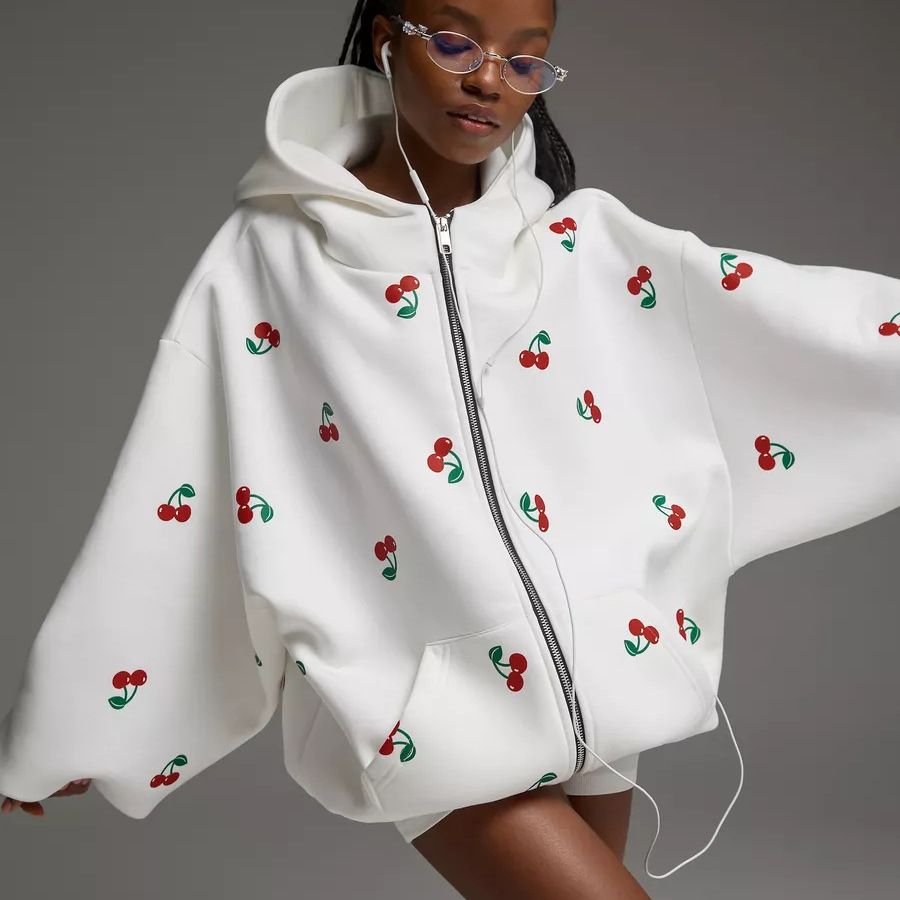 1PC Cherry print hoodie jacket for autumn women, European and American street loose and versatile sports hoodie for women