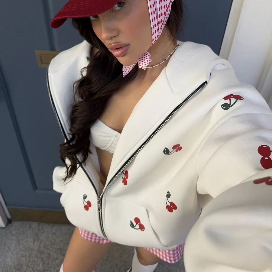 1PC Cherry print hoodie jacket for autumn women, European and American street loose and versatile sports hoodie for women