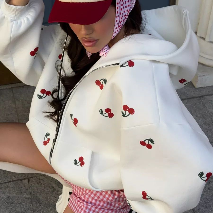 1PC Cherry print hoodie jacket for autumn women, European and American street loose and versatile sports hoodie for women