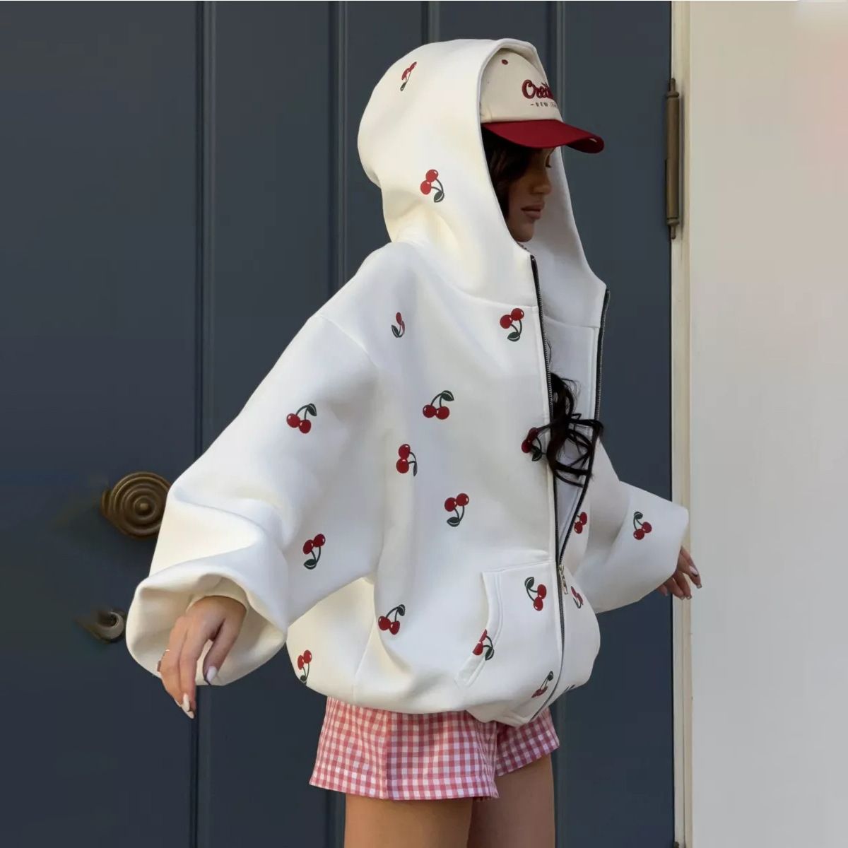 1PC Cherry print hoodie jacket for autumn women, European and American street loose and versatile sports hoodie for women