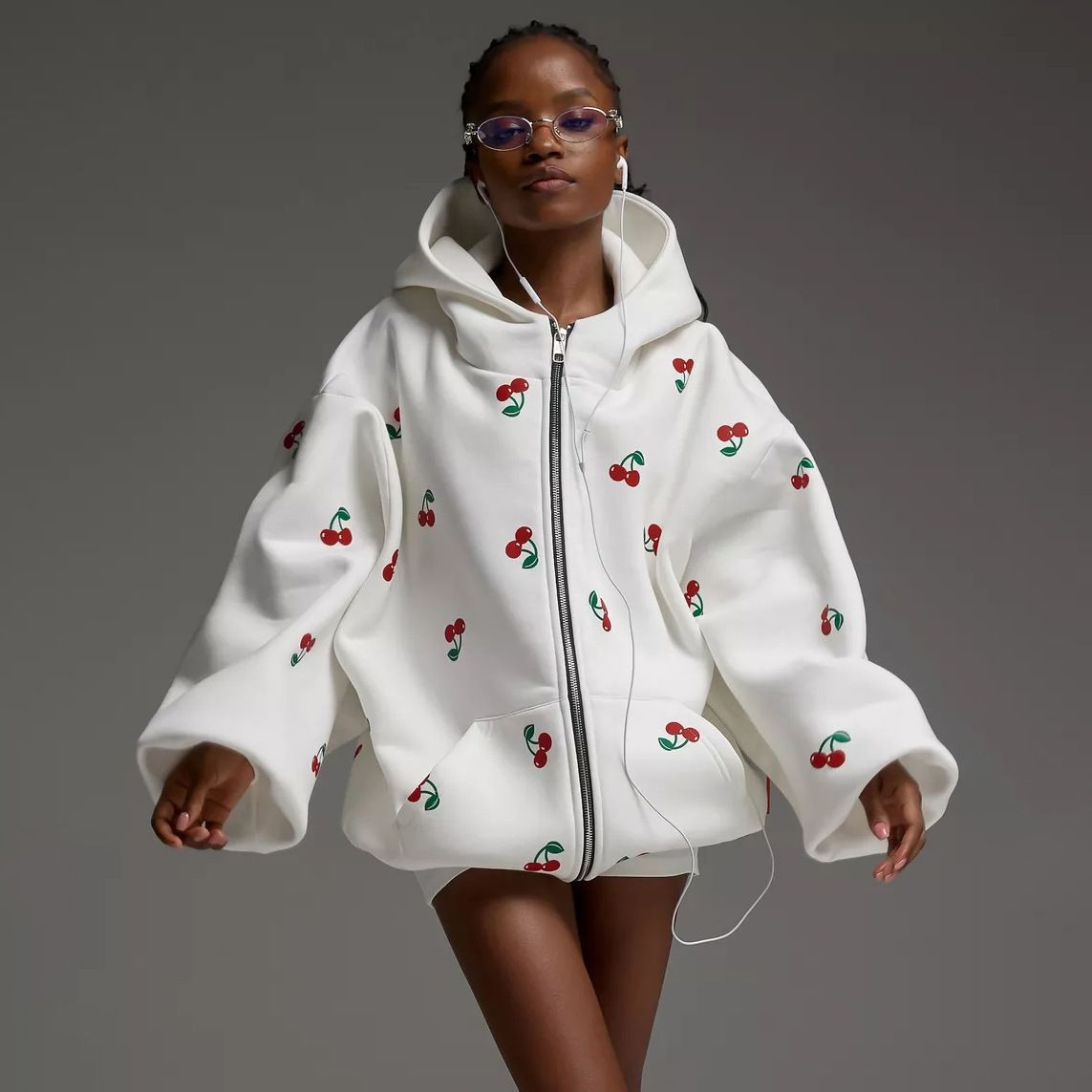 1PC Cherry print hoodie jacket for autumn women, European and American street loose and versatile sports hoodie for women