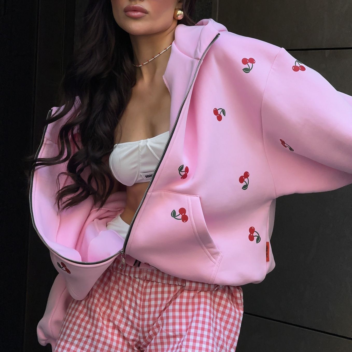1PC Cherry print hoodie jacket for autumn women, European and American street loose and versatile sports hoodie for women