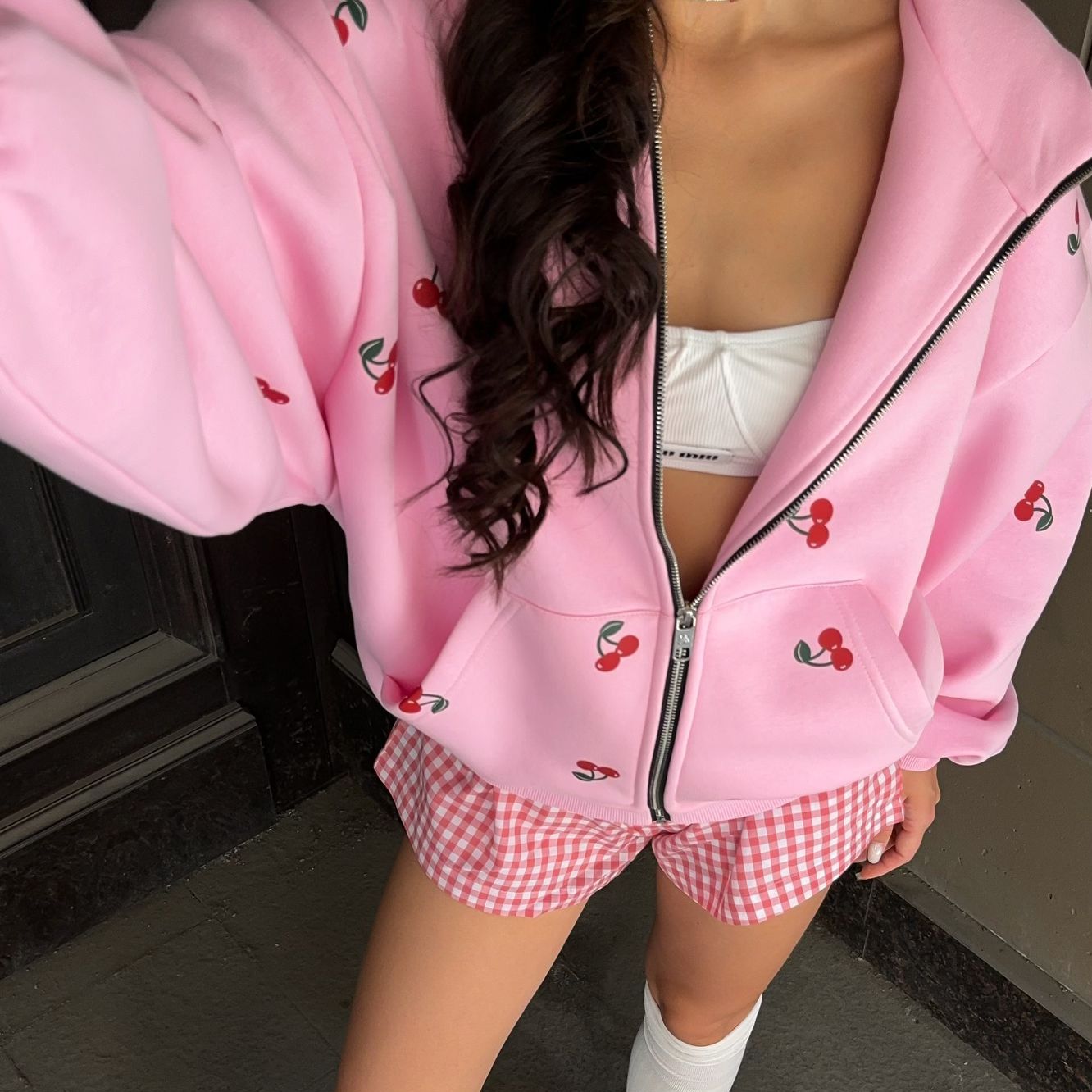 1PC Cherry print hoodie jacket for autumn women, European and American street loose and versatile sports hoodie for women