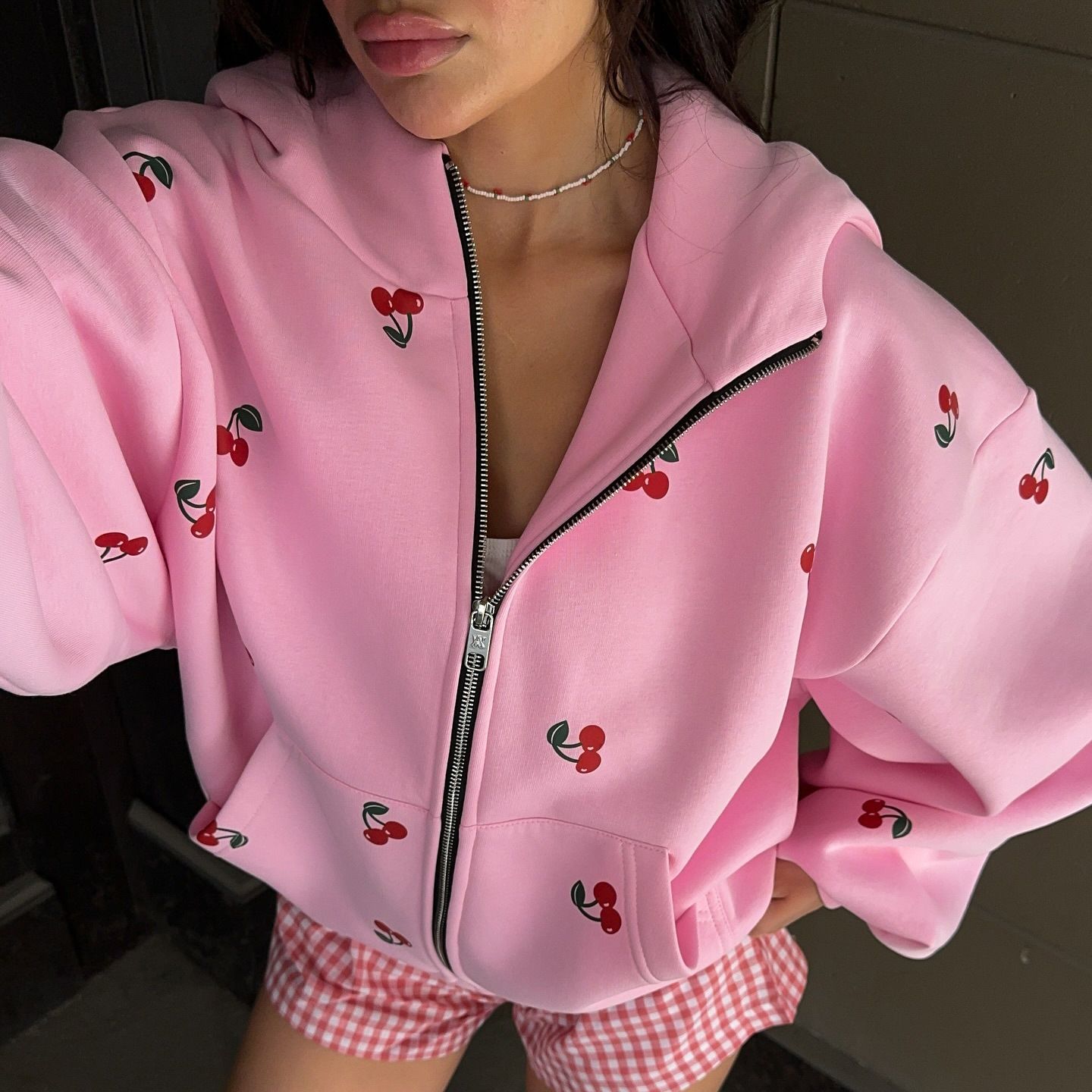 1PC Cherry print hoodie jacket for autumn women, European and American street loose and versatile sports hoodie for women