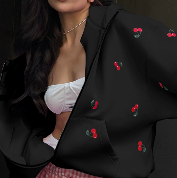 1PC Cherry print hoodie jacket for autumn women, European and American street loose and versatile sports hoodie for women