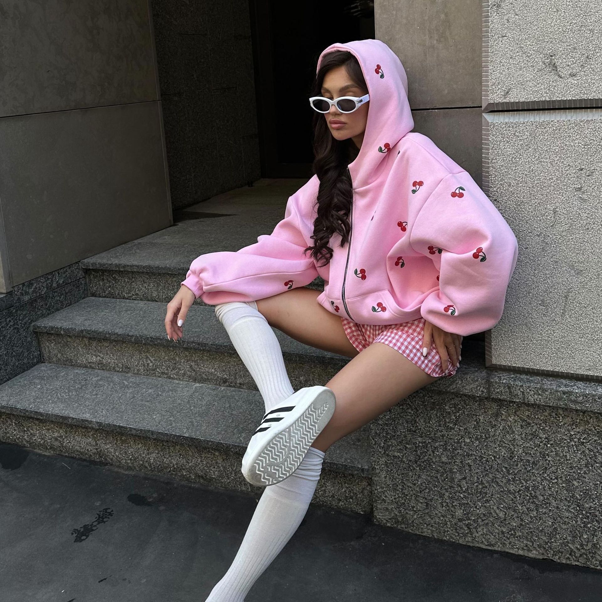 1PC Cherry print hoodie jacket for autumn women, European and American street loose and versatile sports hoodie for women