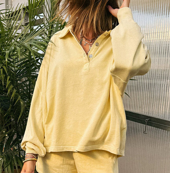 1 Set of solid color loose sports style women's hoodie shorts two-piece set for women