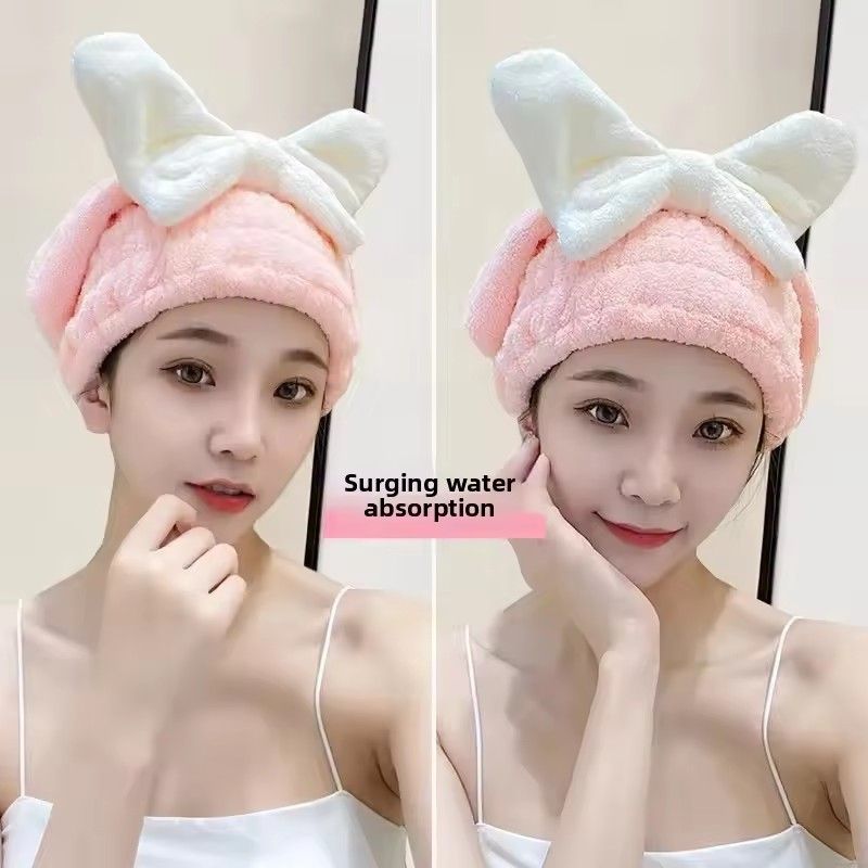 1PC Bath cap, dry hair cap, women's thick, super absorbent, quick drying, cute bow coral fleece dry hair towel, headscarf
