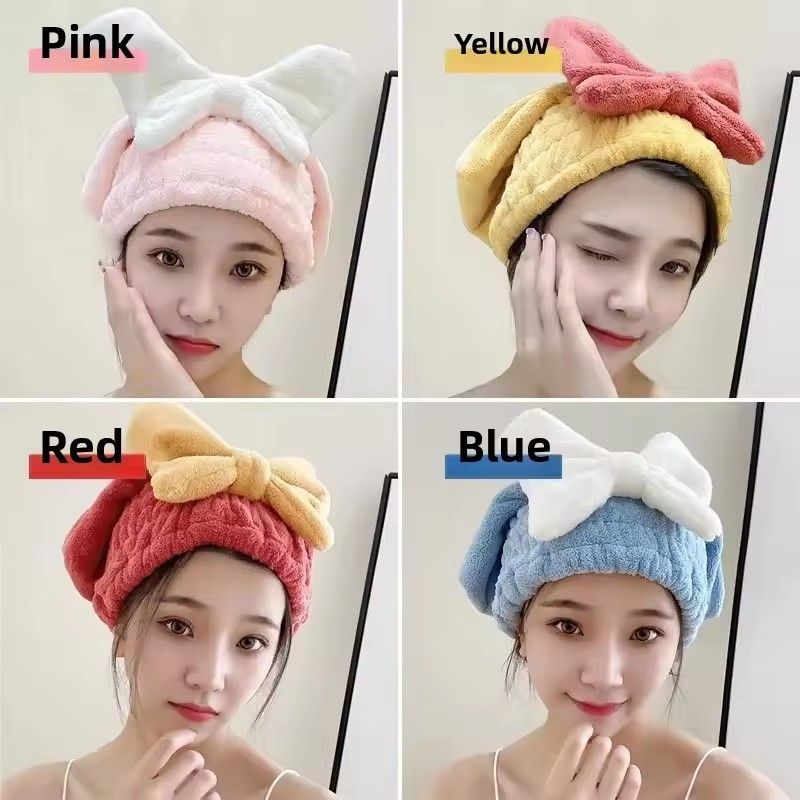 1PC Bath cap, dry hair cap, women's thick, super absorbent, quick drying, cute bow coral fleece dry hair towel, headscarf