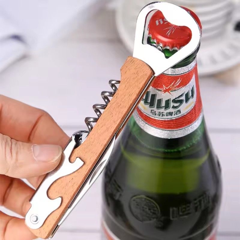 1PC Multifunctional Wood Wine Corkscrew with Knife,  Wooden Handle Stainless Steel Beer Bottle Opener, Can Opener