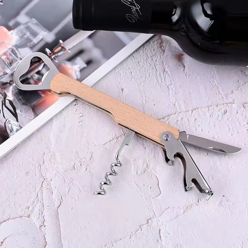 1PC Multifunctional Wood Wine Corkscrew with Knife,  Wooden Handle Stainless Steel Beer Bottle Opener, Can Opener