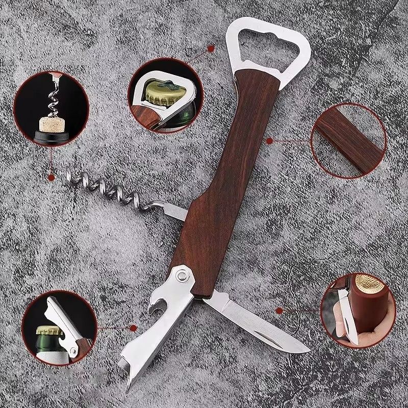 1PC Multifunctional Wood Wine Corkscrew with Knife,  Wooden Handle Stainless Steel Beer Bottle Opener, Can Opener