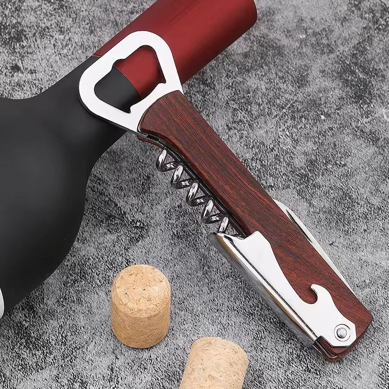 1PC Multifunctional Wood Wine Corkscrew with Knife,  Wooden Handle Stainless Steel Beer Bottle Opener, Can Opener
