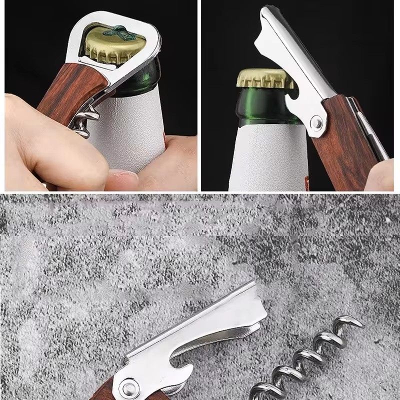 1PC Multifunctional Wood Wine Corkscrew with Knife,  Wooden Handle Stainless Steel Beer Bottle Opener, Can Opener