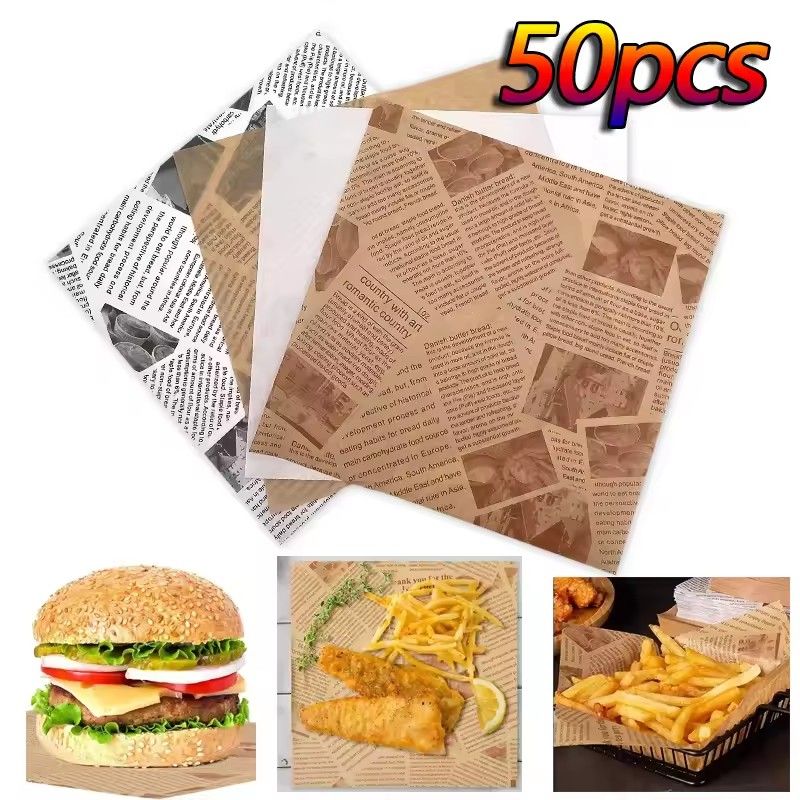 50PCS Oil-Proof Paper Food Wrapping Paper Baking Sandwich Burger Fries Fried Food Wrapping Paper Plate Mat Accessories