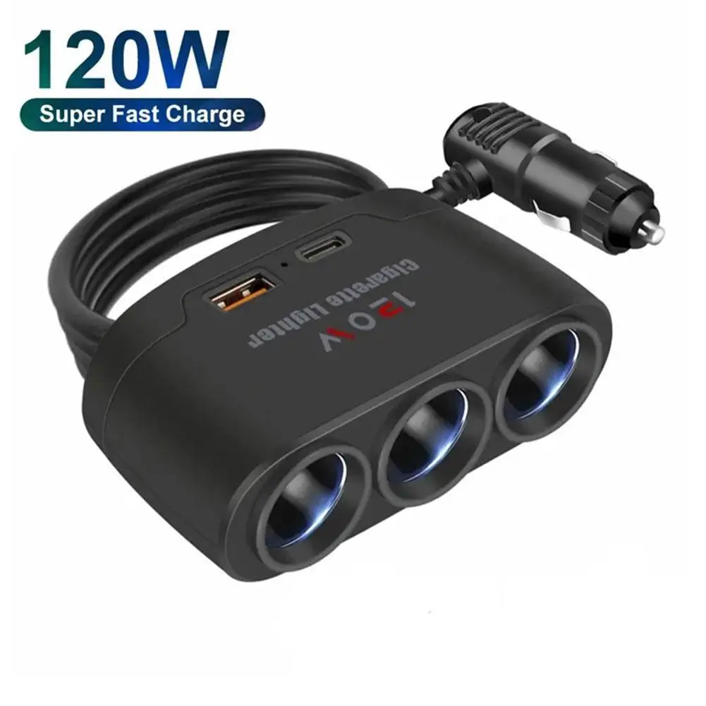 120W USB PD Socket 3 in 1 Car Cigarette Lighter Splitter 12V 24V Fast Charger Plug Phone Power Adapter for iPhone GPS Dashcam