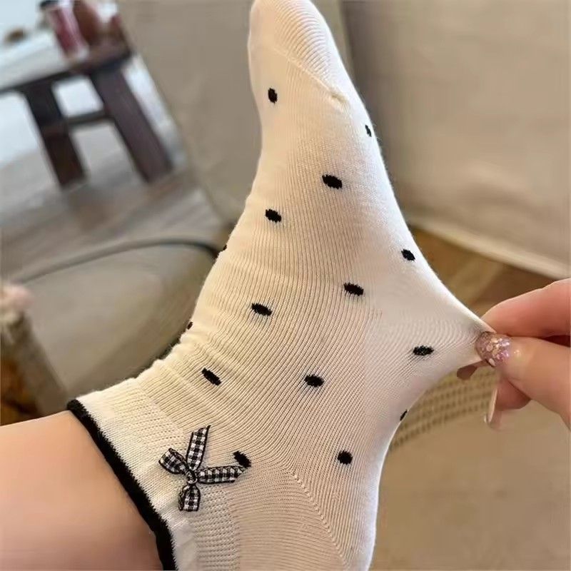 5 Pairs of Knitted Socks with Flower Edge and Butterfly Knot for Women, Sweet Style Fashionable Summer Sweat Absorbent