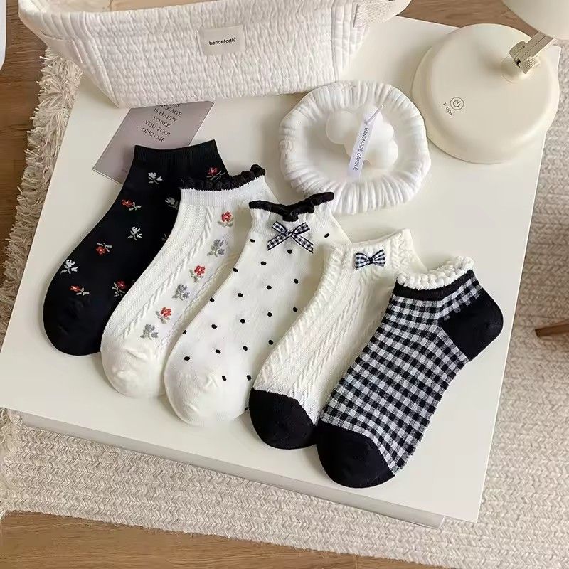 5 Pairs of Knitted Socks with Flower Edge and Butterfly Knot for Women, Sweet Style Fashionable Summer Sweat Absorbent