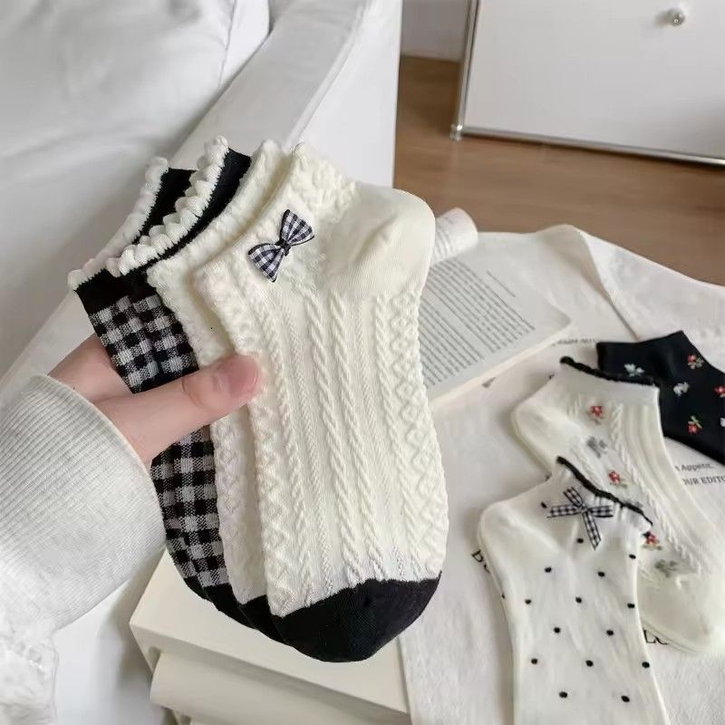 5 Pairs of Knitted Socks with Flower Edge and Butterfly Knot for Women, Sweet Style Fashionable Summer Sweat Absorbent
