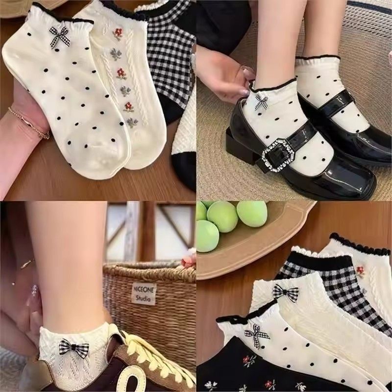 5 Pairs of Knitted Socks with Flower Edge and Butterfly Knot for Women, Sweet Style Fashionable Summer Sweat Absorbent
