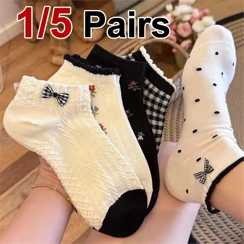 5 Pairs of Knitted Socks with Flower Edge and Butterfly Knot for Women, Sweet Style Fashionable Summer Sweat Absorbent