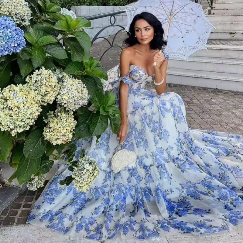 Long Print Dress For Women, Fashionable Stylish Sexy Dress For French Birthday Party With Unfolded Shoulders And Thin Straps