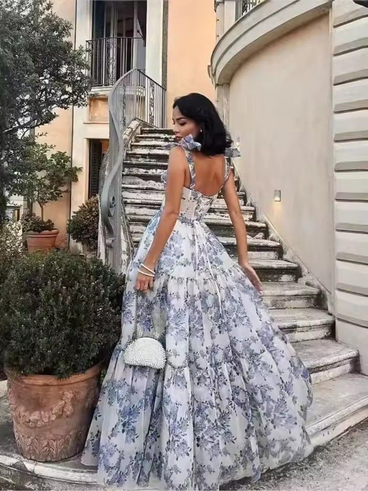 Long Print Dress For Women, Fashionable Stylish Sexy Dress For French Birthday Party With Unfolded Shoulders And Thin Straps