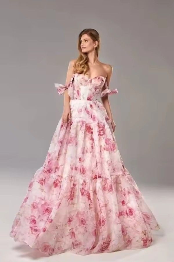 Long Print Dress For Women, Fashionable Stylish Sexy Dress For French Birthday Party With Unfolded Shoulders And Thin Straps