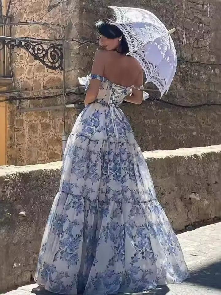 Long Print Dress For Women, Fashionable Stylish Sexy Dress For French Birthday Party With Unfolded Shoulders And Thin Straps