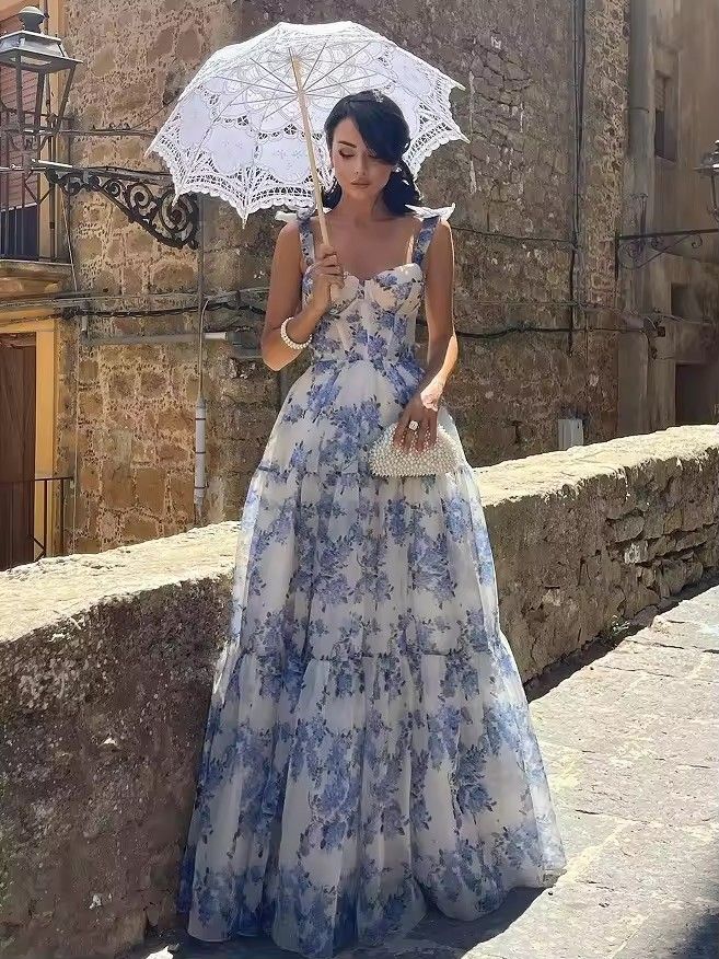 Long Print Dress For Women, Fashionable Stylish Sexy Dress For French Birthday Party With Unfolded Shoulders And Thin Straps
