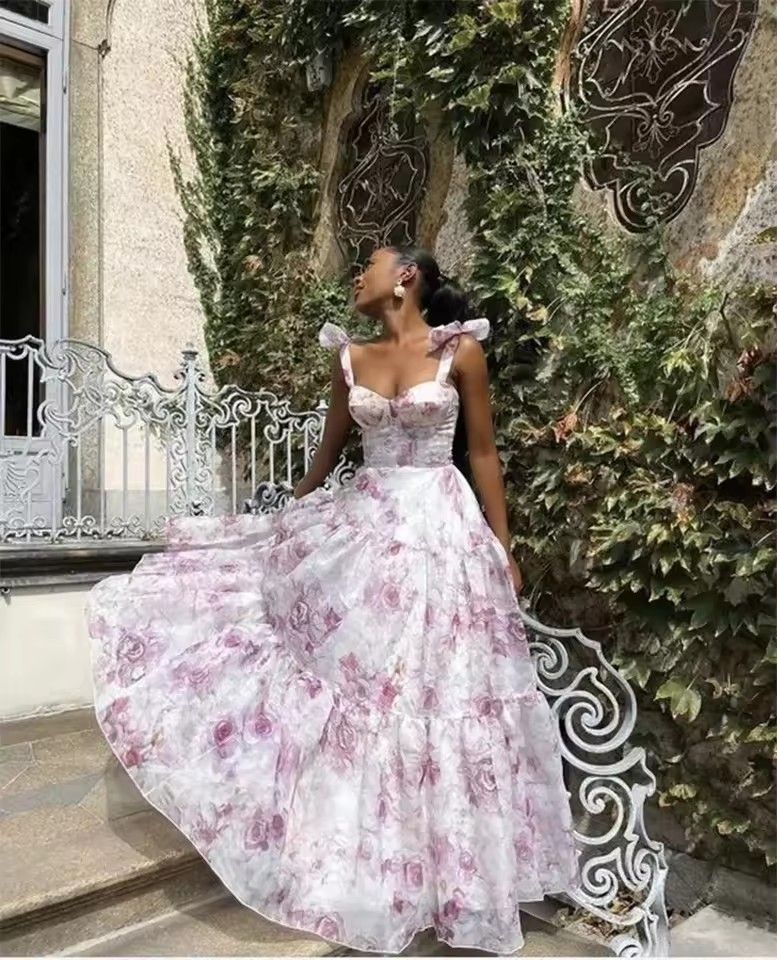 Long Print Dress For Women, Fashionable Stylish Sexy Dress For French Birthday Party With Unfolded Shoulders And Thin Straps