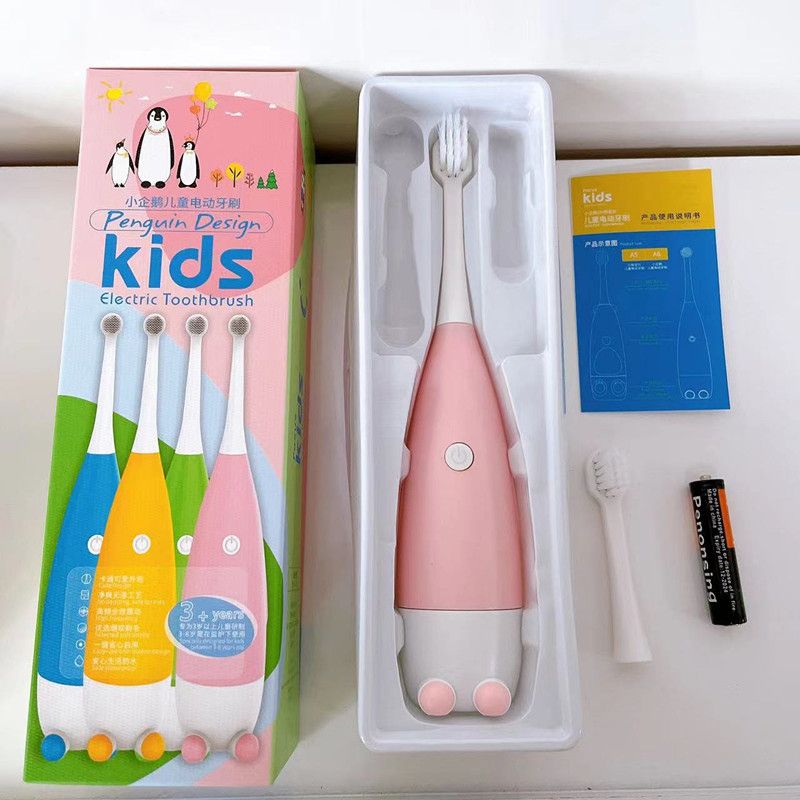 Electric Toothbrush for Kids, Soft Brushes, Cute Cartoon Penguin, Replaces Brush Head, Oral Hygiene Care C-651