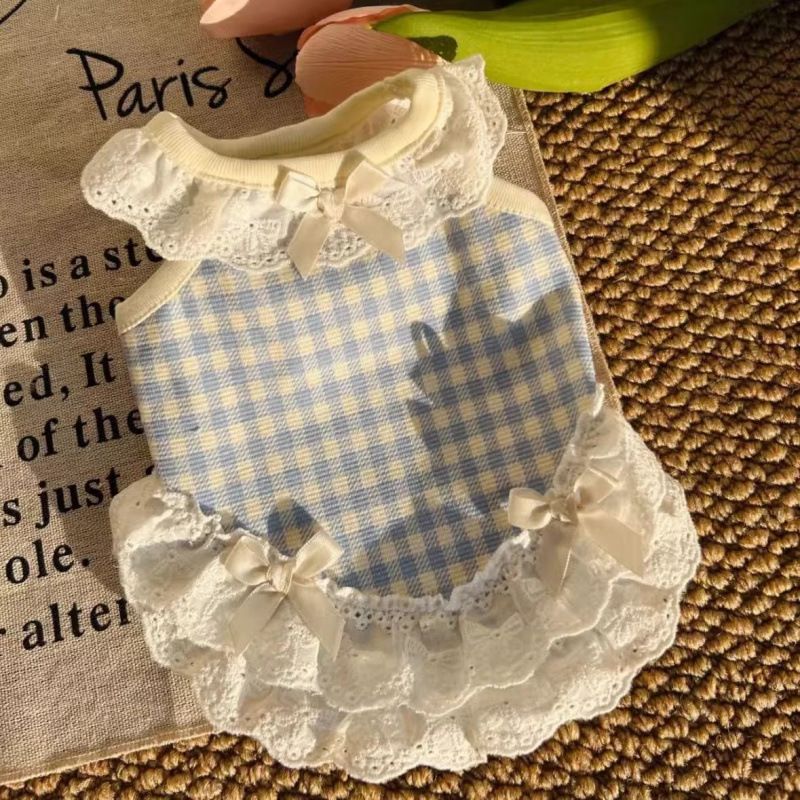 Summer Lace Puppy Clothes for Small Dogs, Blue Chequered Harness Vest, Chest Strap for Dogs and Pets, Outdoor Walking Clothes