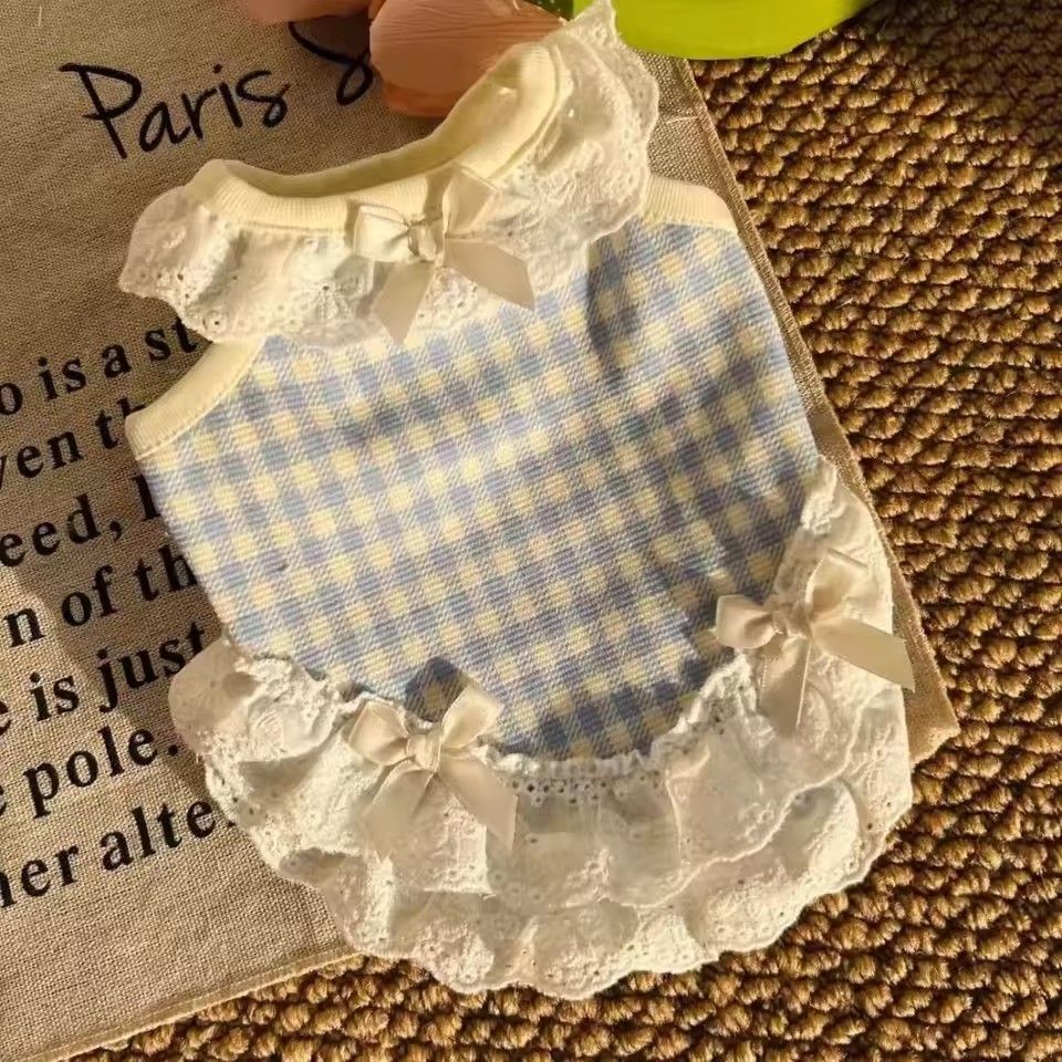 Summer Lace Puppy Clothes for Small Dogs, Blue Chequered Harness Vest, Chest Strap for Dogs and Pets, Outdoor Walking Clothes