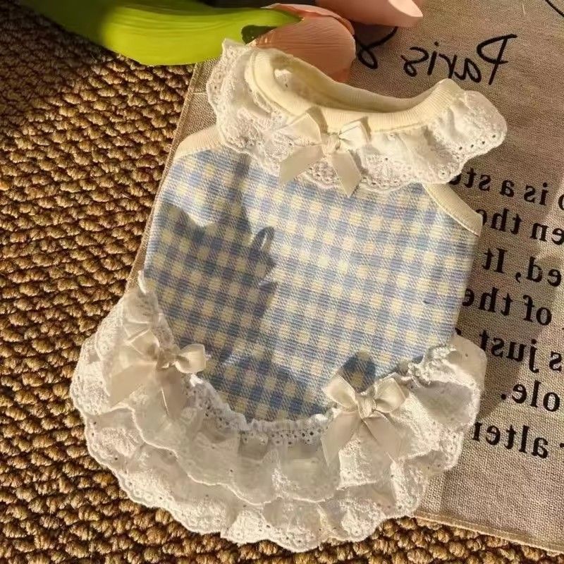 Summer Lace Puppy Clothes for Small Dogs, Blue Chequered Harness Vest, Chest Strap for Dogs and Pets, Outdoor Walking Clothes